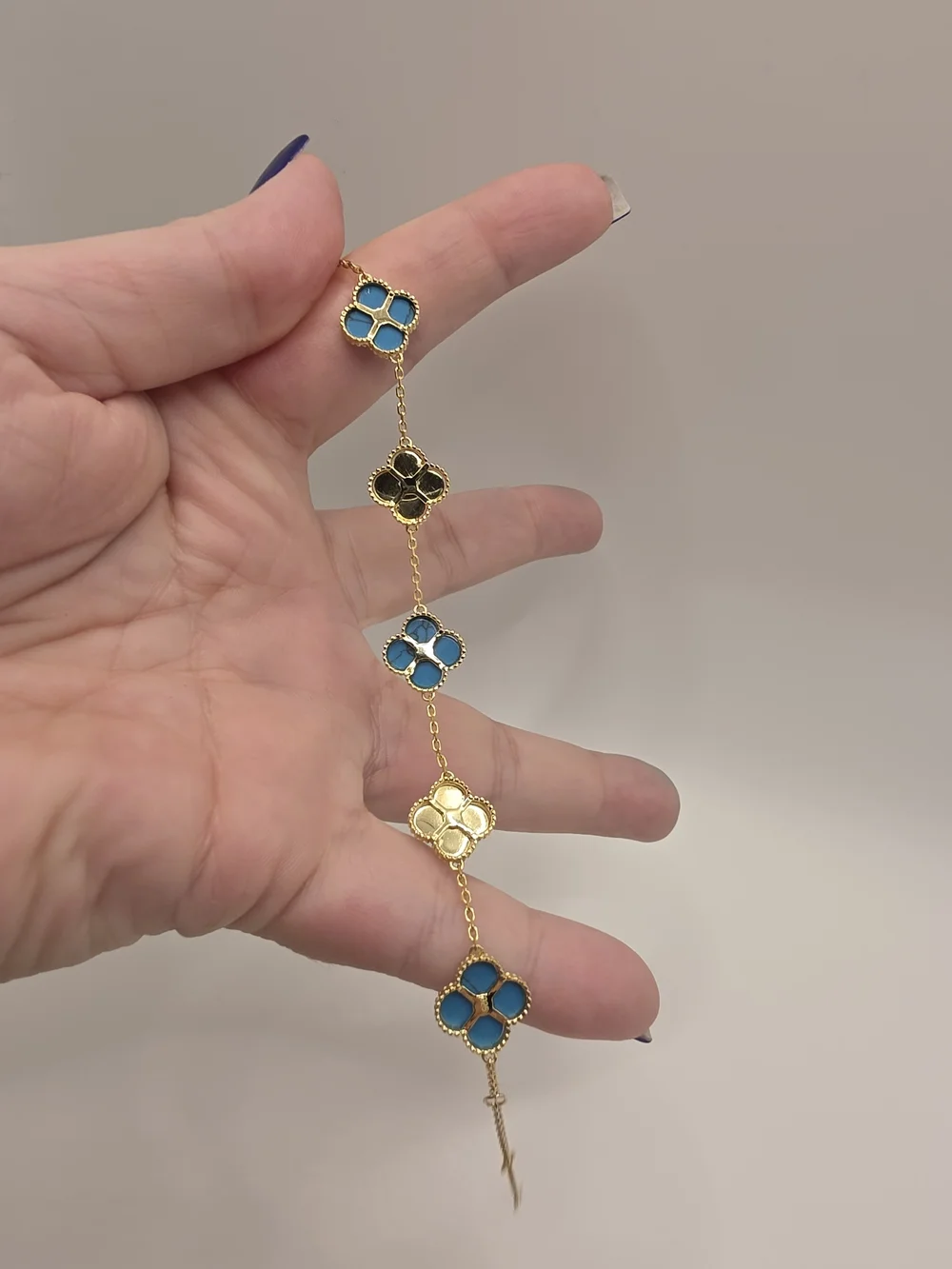 Gold Over S925  Turquoise Clover Link Bracelet 6-8 Inches